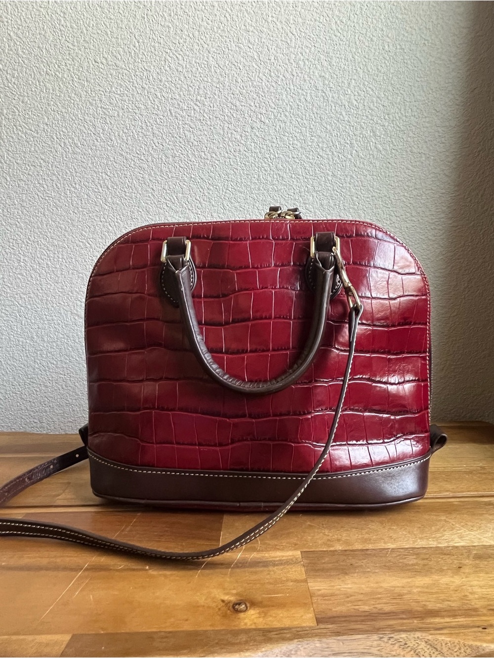 Dooney & Bourke Red Croc-Embossed Satchel with Brown Trim - Picture 3 of 5